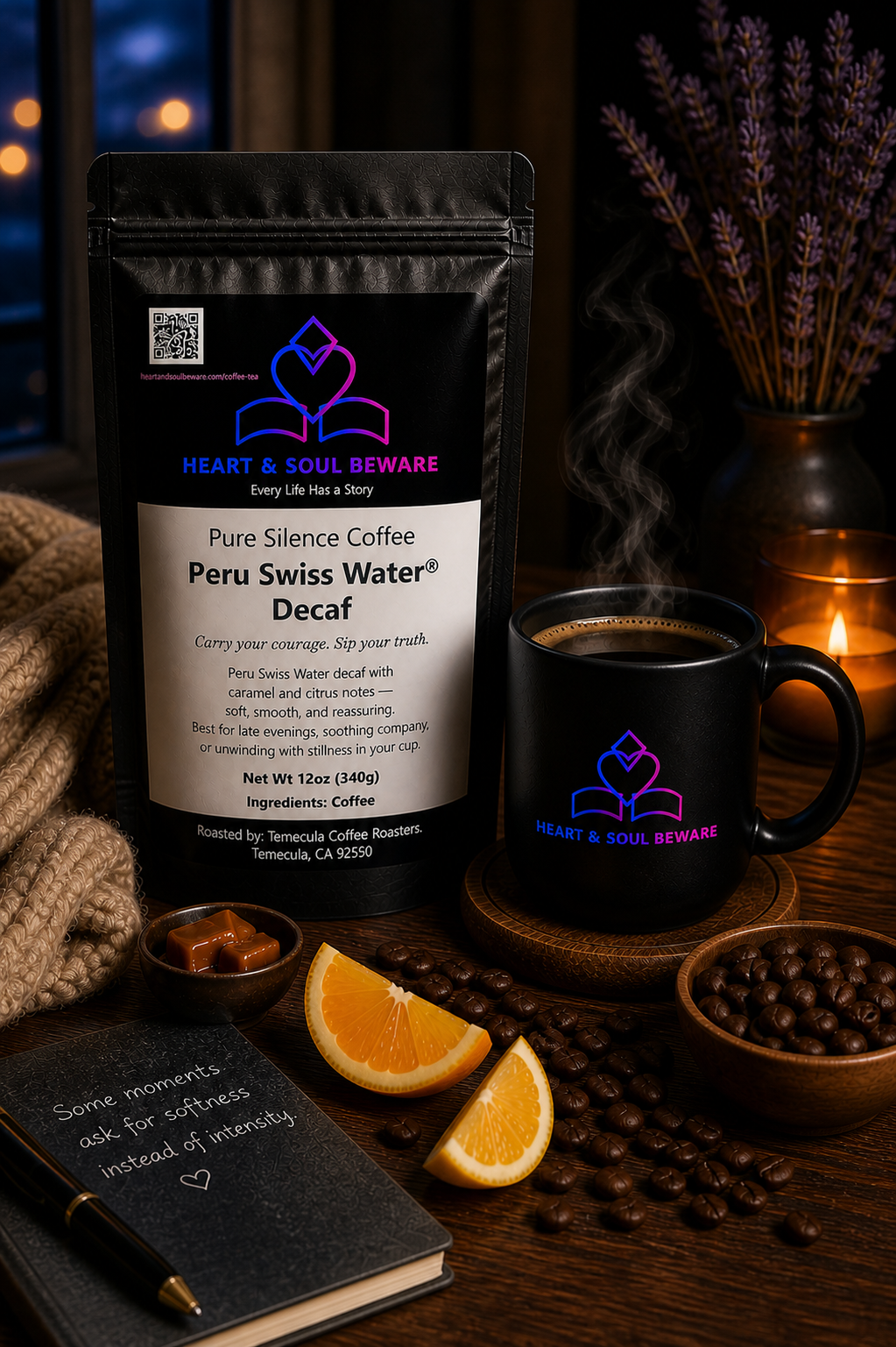 Heart & Soul Beware Pure Silence Coffee Peru Swiss Water Decaf in a black stand-up pouch, shown beside a matching black mug filled with coffee on a dark wooden table, with coffee beans, orange slices, a candle, and dried lavender in the background.